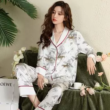 Женский пижамный комплект с принтом, костюм с длинными рукавами, модная повседневная верхняя одежда, домашняя одежда, пижамы XL белый