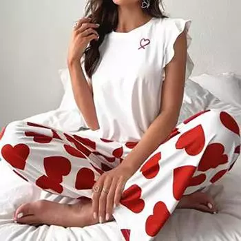 Женский пижамный комплект с принтом, мягкие брюки с коротким рукавом и эластичным поясом, повседневная пижама XS чёрный