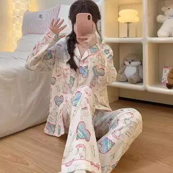 Женский пижамный комплект с принтом «Мультяшная любовь и кошка», осенне-зимняя домашняя одежда, повседневная мягкая, милая, милая одежда для сна M