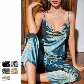 Женский пижамный комплект с принтом вишни на весну и лето, комплект из двух предметов: майка и длинные брюки, удобная домашняя одежда из ледяного шелка S