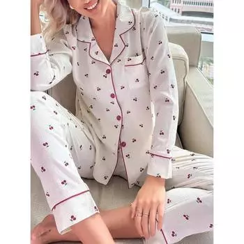 Женский пижамный комплект с принтом вишни, топ с длинными рукавами, застежка на пуговицы и брюки, одежда для сна, домашняя одежда S коричневый