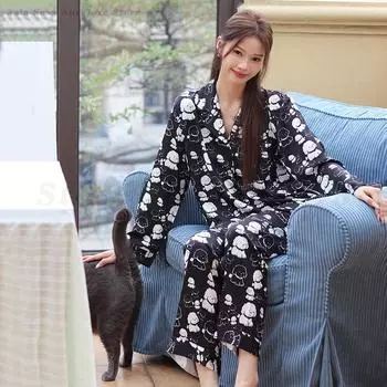 Женский пижамный комплект с рисунком из мультфильмов, домашняя одежда, весенне-летняя пижама, штаны, комплект из 2 предметов, рубашка, брюки, свободная атласная домашняя одежда M чёрный
