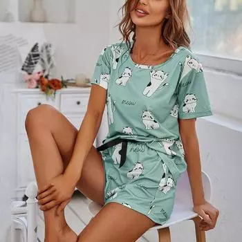 Женский пижамный комплект с рисунком из мультфильма, семейная одежда, летняя пижама с коротким рукавом и шортами, 2 предмета домашней одежды для женщин S зелёный