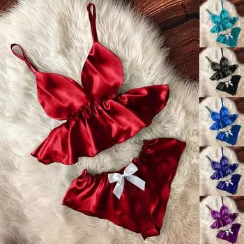 Женский пижамный комплект с v-образным вырезом, бархатные сексуальные однотонные атласные шорты, комплект из двух предметов L чёрный