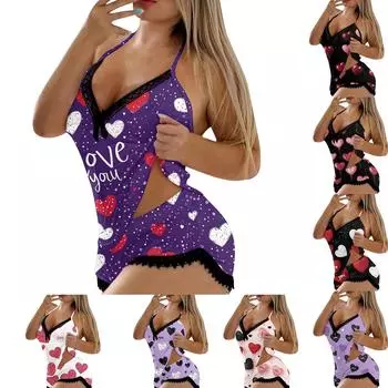 Женский пижамный комплект с V-образным вырезом, кружевной строчкой и безрукавкой на День святого Валентина L темно-фиолетового