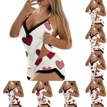 Женский пижамный комплект с V-образным вырезом, кружевной строчкой и безрукавкой на День святого Валентина M