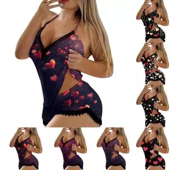 Женский пижамный комплект с V-образным вырезом, кружевной строчкой и безрукавкой на День святого Валентина M