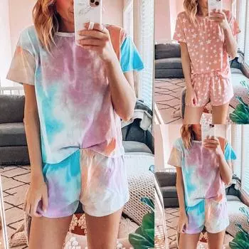 Женский пижамный комплект со звездами и тай-дай с короткими рукавами, ночной топ, короткая одежда для сна L разноцветный