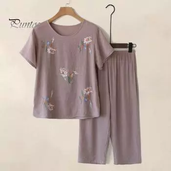 Женский пижамный комплект среднего возраста из 2 шт./компл. с круглым вырезом и цветочным принтом, с коротким рукавом, эластичной резинкой на талии, плиссированный, свободный, тонкий, с широкими штанинами, одежда для сна для мамы, бабушки, топ 3XL верблюд