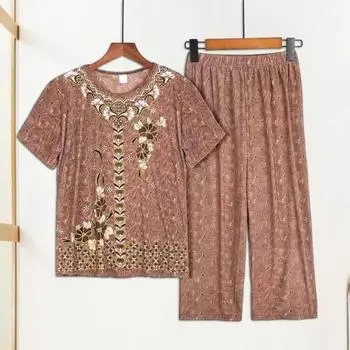 Женский пижамный комплект среднего возраста из 2 шт./компл. с круглым вырезом и вышивкой, с коротким рукавом, большие размеры, эластичная талия, плиссированные, свободные, с широкими штанинами, одежда для сна для мамы, бабушки 2XL хаки