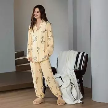 Женский пижамный комплект Теплая пижама с длинными рукавами Длинные штаны Осенне-зимняя повседневная пижама Мягкая пижама Удобная пижама для девочек Удобная M