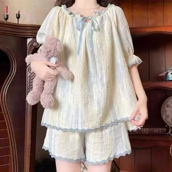 Женский пижамный комплект Tie Dye, домашние летние пижамы с принтом, шорты с рукавами и бантом, кружевной пижамный комплект из 2 предметов M