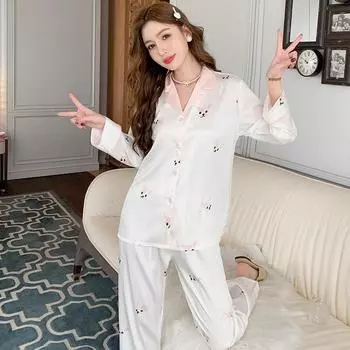 Женский пижамный комплект, тонкий кардиган с длинными рукавами, простой и милый ледяной шелковый домашний костюм, пижама M белый