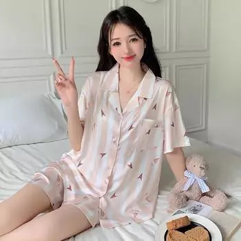 Женский пижамный комплект в полоску с принтом мороженого — топ с короткими рукавами и шорты, летний повседневный стиль L