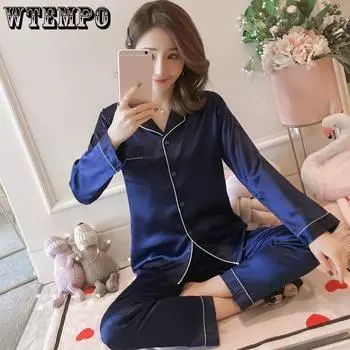 Женский пижамный комплект, весенне-осенний костюм для сна, шелковая рубашка, свободная повседневная домашняя одежда, топы и брюки с длинными рукавами, однотонные ночные рубашки больших размеров M-5XL 5XL красный