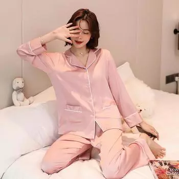 Женский пижамный комплект весна-осень с длинными рукавами, комплект из 2 предметов: рубашка, брюки, однотонный темно-синий вискозный атлас, домашняя одежда, брюки M чёрный