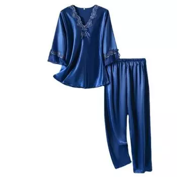 Женский пижамный комплект весна-осень, тонкая шелковая пижама с рукавом семь четвертей, вышитое кружево, из двух частей, женская домашняя одежда S чёрный