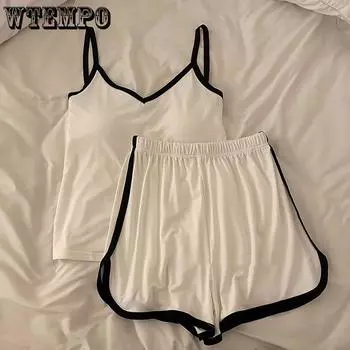 Женский пижамный комплект WTEMPO, повседневная одежда для сна, мягкий пижамный комплект, бретелька с круглым вырезом и повседневные шорты, пижамный комплект, одежда для сна M белый