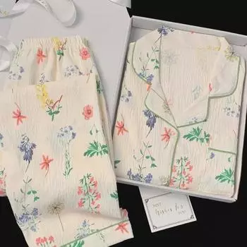 Женский пижамный комплект зеленого цвета с цветочным принтом во французском пасторальном стиле - длинный рукав, хлопок, на весну и осень 2XL (Recommended 65-72.5 kg)