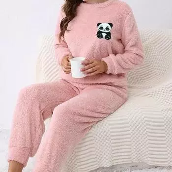 Женский пижамный комплект, зимняя домашняя одежда из кораллового бархата, мягкая пижама с круглым вырезом для отдыха, утолщенный бархатный фланелевый комплект из двух предметов для дома S