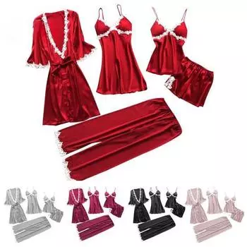 Женский пижамный костюм из 5 предметов: ночная рубашка, топ, шорты, брюки, комплект, сексуальное кружевное платье, пижамы, ночная рубашка S серый