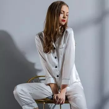 Женский пижамный костюм Лето Осень Весна Зима Длинный рукав Двухсекционная шелковая пижама Серый M