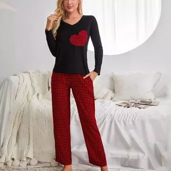 Женский пижамный костюм с длинными рукавами, рубашка с v-образным вырезом и принтом, клетчатые брюки, комплект из 2 предметов, удобная одежда для отдыха, весенне-осенняя домашняя одежда S красный