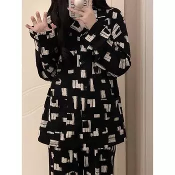 Женский пижамный костюм, версия пижамы с длинными рукавами и корсетом, студенческий осенне-зимний костюм, кардиган, одежда для сна, домашняя одежда M чёрный