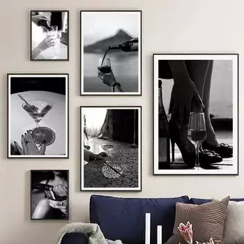 Женский плакат с принтом «Мартини», черно-белая барная тележка, алкогольный коктейль, настенная живопись на холсте 21cm30cm NoFrame