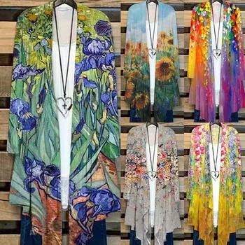 Женский плащ больших размеров с цветочным принтом и цветным градиентом, праздничный плащ с длинными рукавами и открытым передом, обычное пальто, пальто XXXXL серый