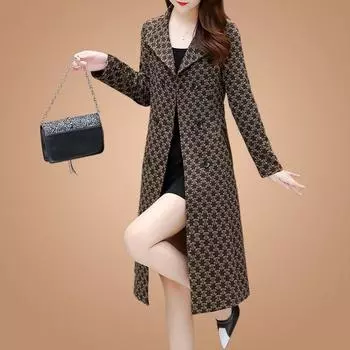 Женский плащ большого размера с принтом, весна и осень, новый тонкий темпераментный омолаживающий средний и длинный плащ M (within 52.5 kg) кофейный