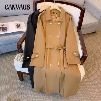 Женский плащ большого размера средней длины, осенняя двубортная куртка XL чёрный