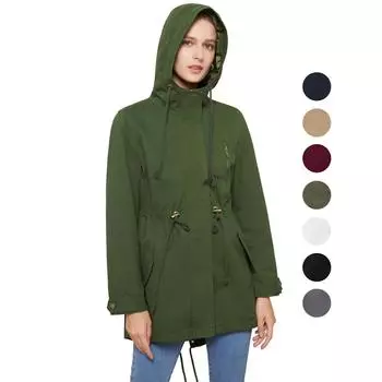 Женский плащ, хлопок, однотонный, с капюшоном, на молнии, ветрозащитная длинная куртка, на шнурке, уличная ветровка для пешего туризма, весна-осень-зима, верхняя одежда S армия зеленый