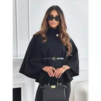 Женский плащ-накидка из шерстяного твида, пончо, толстое осенне-зимнее женское пальто с одной пряжкой и рукавами «летучая мышь», элегантная теплая свободная верхняя одежда 2024 г. S чёрный