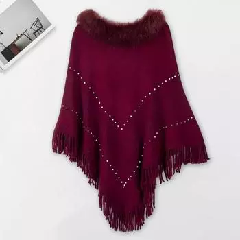 Женский плащ осень-зима с кисточками и бусинами, декор из искусственного меха, треугольной формы, однотонный, сохраняющий тепло, эластичный, пончо, болеро, в стиле бохо, с косами вино красного