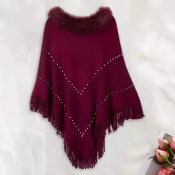 Женский плащ осень-зима с кисточками и бусинами, декор из искусственного меха, треугольной формы, однотонный, сохраняющий тепло, эластичный, пончо, болеро, в стиле бохо, с косами вино красного