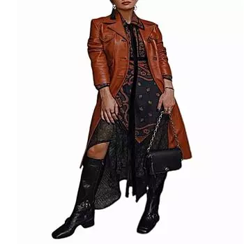 Женский плащ | Женский кожаный плащ | Женское длинное пальто | Желто-коричневое женское пальто | Винтажное пальто | Женское пальто с поясом | Подарите ей XS дубильная кора/коричневый