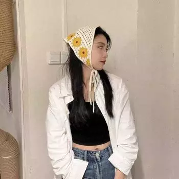 Женский платок для головы, вязаный крючком, ободок для волос в стиле бохо, ромашка, треугольный шарф, вязаный головной убор, тюрбан, бандана розовый