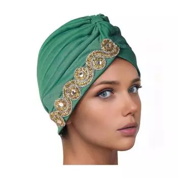 Женский платок на голову Эластичный обхват головы Дизайн с перекручиванием Шляпа-тюрбан с украшением стразами зелёный