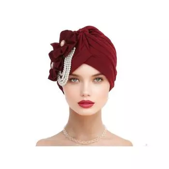 Женский платок на голову шляпа искусственный жемчуг цветочный декор тюрбан шляпа однотонный эластичный подходит по размеру повязка на голову шапочка для сна вино красного