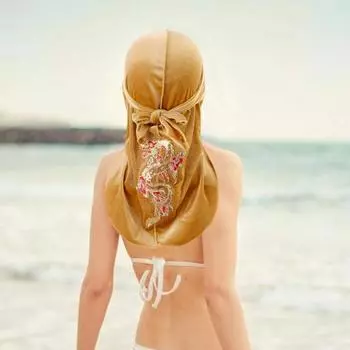 Женский платок в китайском стиле с вышивкой дракона, на шнуровке, регулируемый, золотистый, бархатный, ветрозащитный, однотонный темно-синий