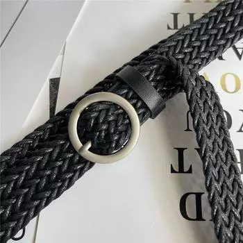 Женский плетеный современный ремень черного, верблюжьего и бежевого цвета с круглой пряжкой для повседневной носки 1290 Black