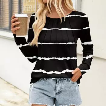Женский плиссированный топ с длинными рукавами, поясом, полосатым принтом, круглым вырезом L чёрный