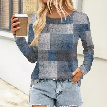 Женский плиссированный топ с длинными рукавами, поясом, геометрическим принтом и круглым вырезом L синий