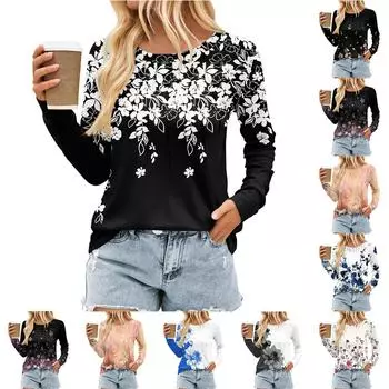 Женский плиссированный топ с длинными рукавами, поясом, цветочным принтом и круглым вырезом XXL чёрный