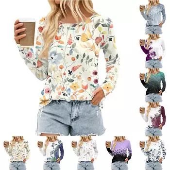 Женский плиссированный топ с длинными рукавами, поясом, цветочным принтом и круглым вырезом XXL