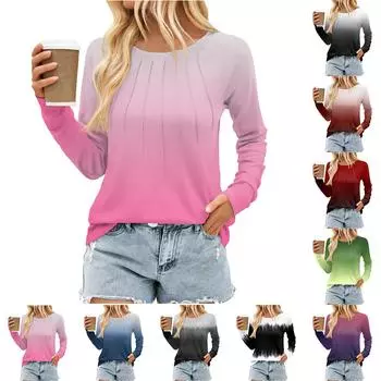 Женский плиссированный топ с длинными рукавами, поясом, градиентным принтом и круглым вырезом XL