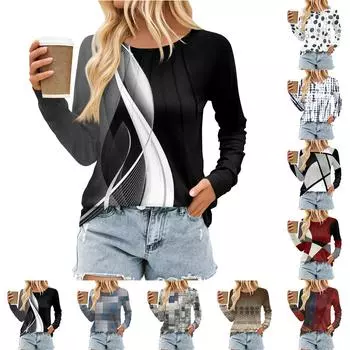 Женский плиссированный топ с длинными рукавами, поясом, геометрическим принтом и круглым вырезом XL синий