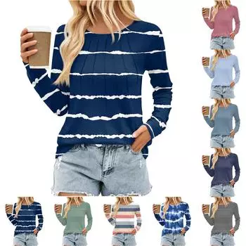 Женский плиссированный топ с длинными рукавами, поясом, полосатым принтом, круглым вырезом S красный