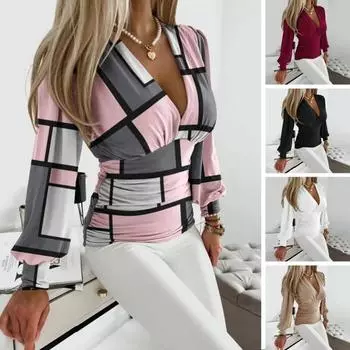 Женский плиссированный топ в стиле ретро с глубоким V-образным вырезом и длинными рукавами-фонариками, облегающий топ для поездок на работу L розовый